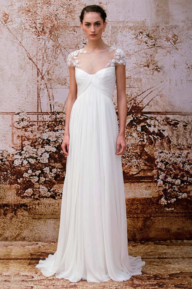 Svadobné šaty s čipkou s vysokým pásom a krátkymi rukávmi čipka s vysokým pásom, krátke rukávy splývavého strihu