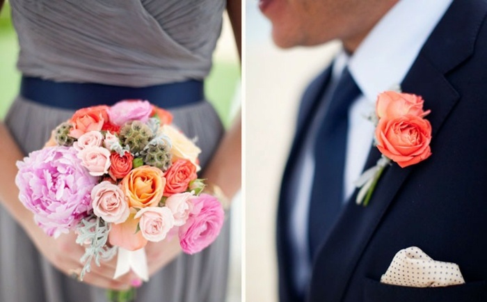 farebné svadobné kytice nápad nápad ruže boutonniere koralový ženích