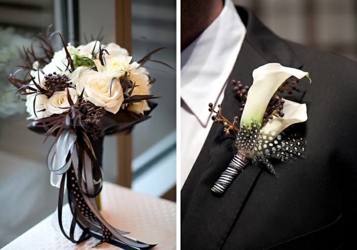 svadobná kytica dizajn perie biele ruže čierna stuha boutonniere