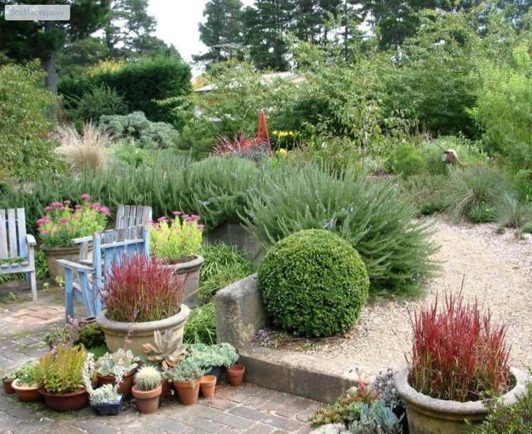 buxusová záhrada jednoročný kvetináč kamienková cesta