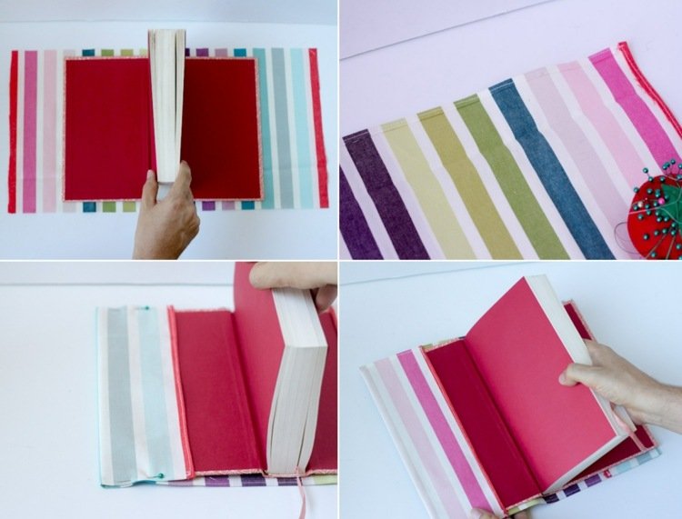 Odstrihnite látku, prišite lem a dizajnové vrecká na obal knihy