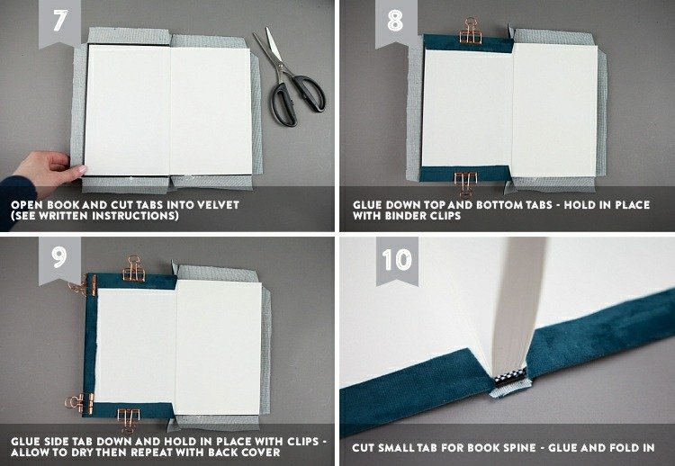 Nastrihajte na prebytočnú tkaninu, naneste lepidlo a zafixujte svorkami, aby uschli
