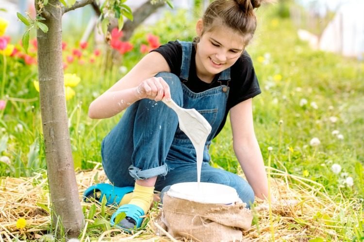výroba vápennej farby s latexovou farbou a vodou na hustú zmes