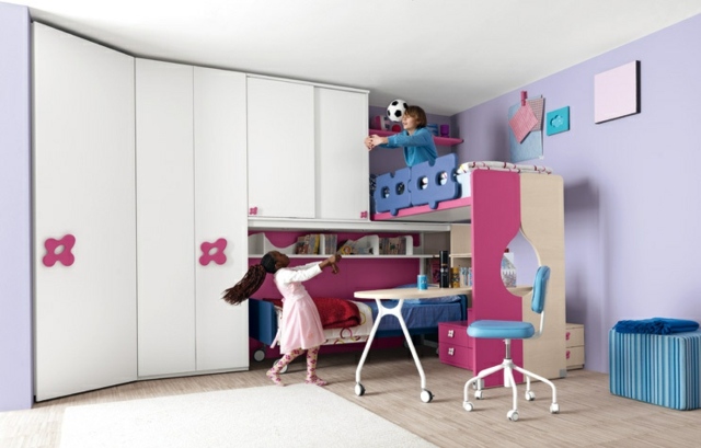 Nábytok do detskej izby Farebný ružový podkrovný stôl farebná ružová podkrovná posteľ, písací stôl, šatník, dievčenská izba