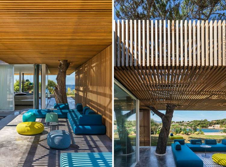 Lounge nábytok pod modernou pergolou farebný-nábytok-exotický-vkus-terasa-dizajn-námorné-farebné-drevené pásy