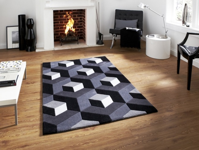 koberec geometrické motívy štvorce 3d čierna mäkká koberec geometrické motívy čierna mäkká