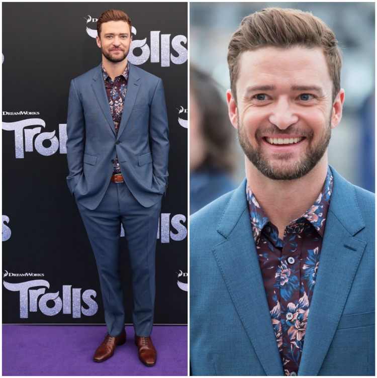 Príležitostní muži v obchodoch, svetlo modrá oblek, vzorovaná košeľa, kvety, hnedé topánky