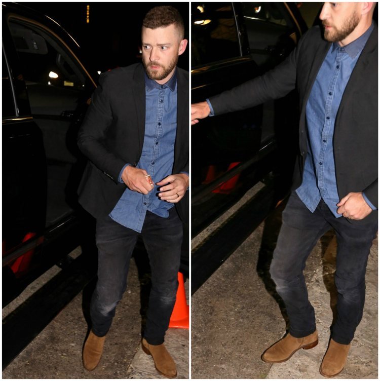 Príležitostná pánska džínsová košeľa, čierne rifle, hnedé topánky, plamene