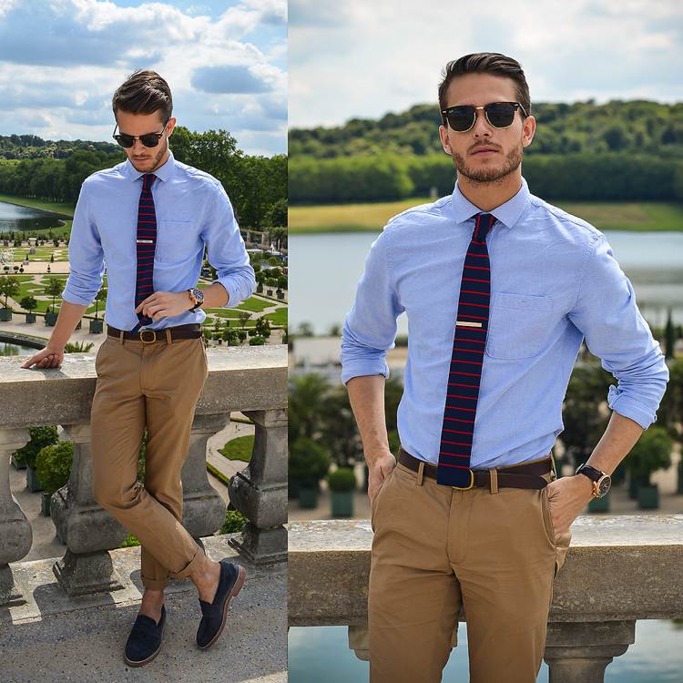 Príležitostní obchodní muži, pánske mokasíny s modrou košeľou s kravatou