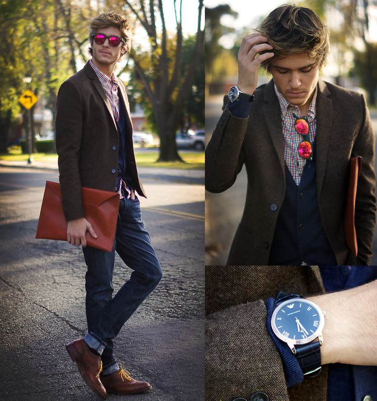 Neformálne pánske džínsové kárované tričko s košeľou a sakom