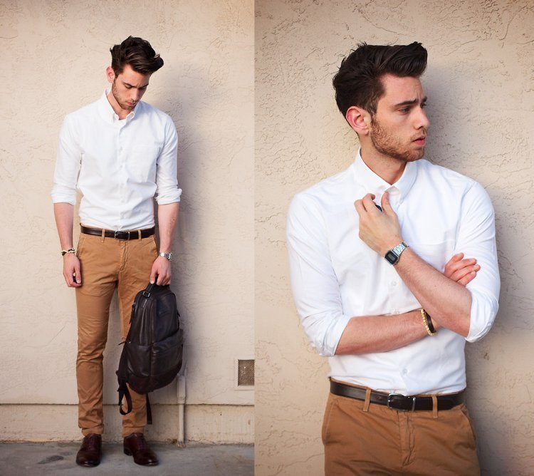 Príležitostný pánsky outfit v bielej košeli z hnedej kože