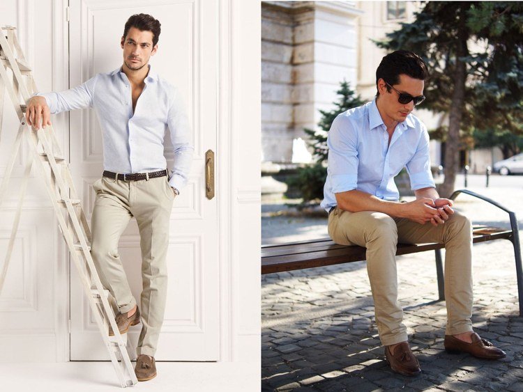 Príležitostné pánske letné chino nohavice v bielej košeli