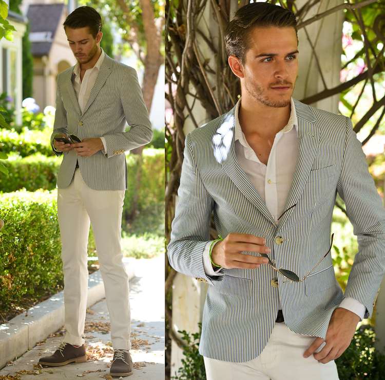 Príležitostné pánske letné biele nohavice seersucker blazer