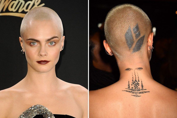 dámske vlasy holenie plešatá hlava tetovanie cara delevingne