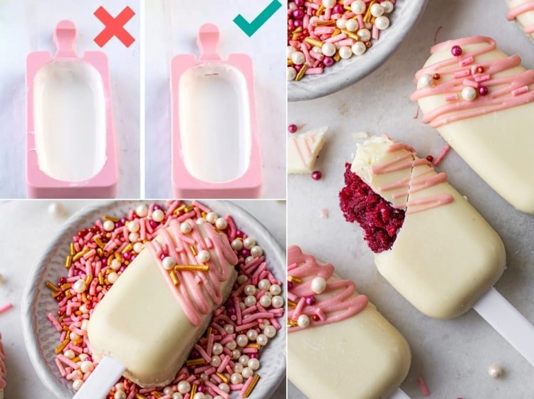 Cakesicles recept na cesto z červeného zamatu v bielej čokoláde