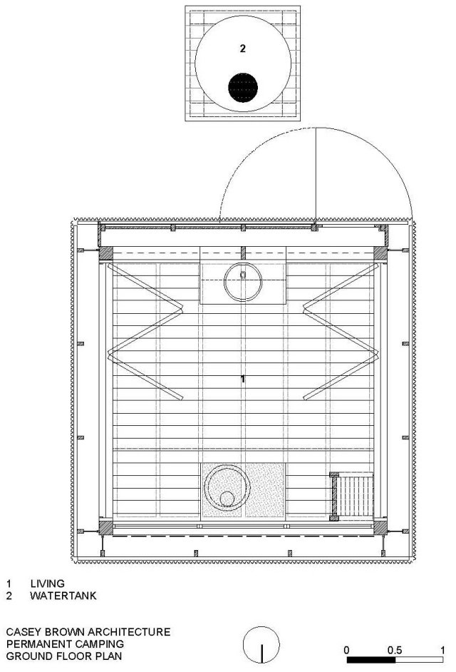 Udržateľná kempingová chata s pasívnym chladením zásobníka dažďovej vody