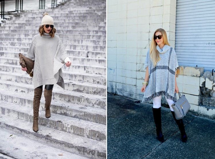 Poncho kombinuje tesné nohavice nad kolená