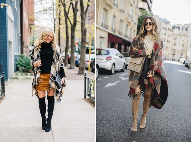 Skombinujte pončo so sukňou a semišovými čižmami nad kolená