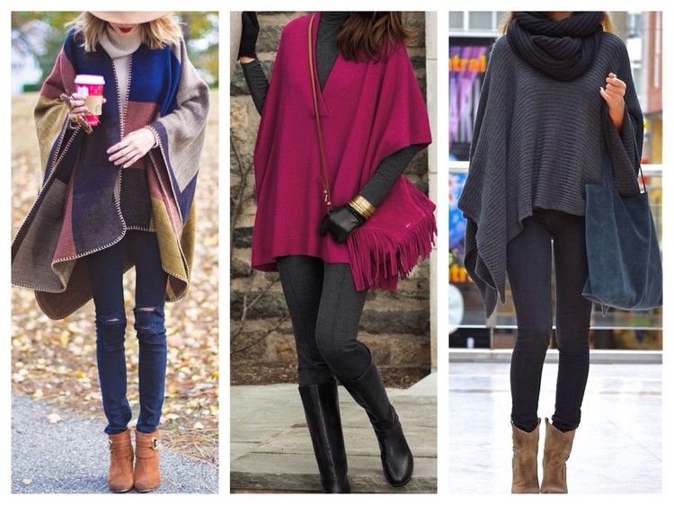 Poncho na jeseň má na sebe legínové rifle každodenného vzhľadu