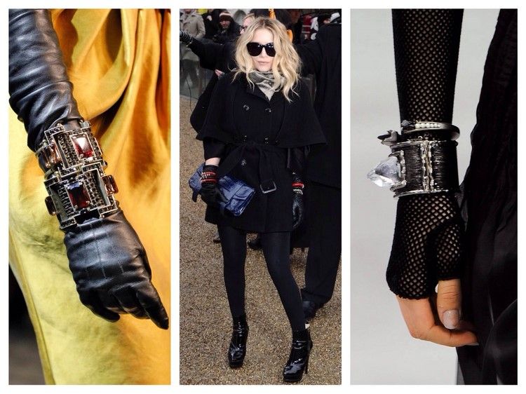 veľké náramky cez kožené rukavice