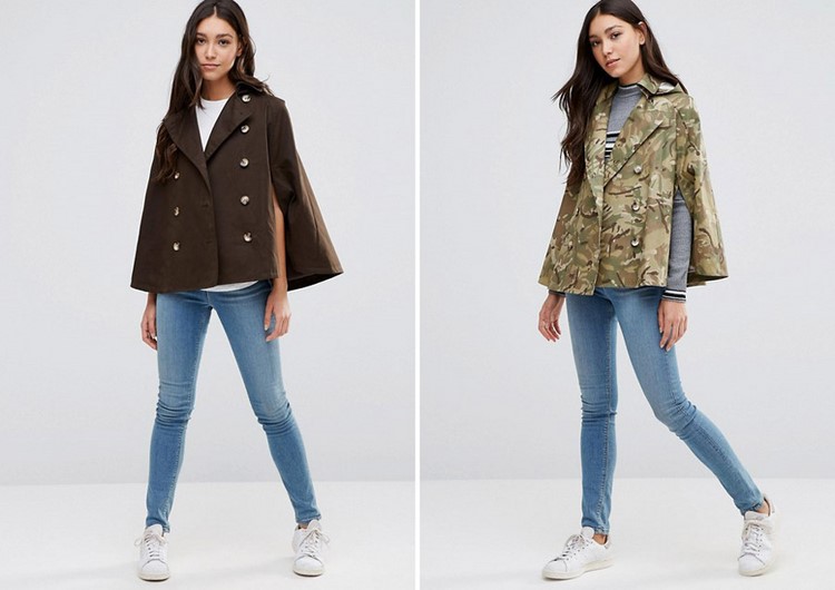 krátky kabát s gombíkmi v khaki alebo vojenskej farbe s džínsami a bielymi teniskami