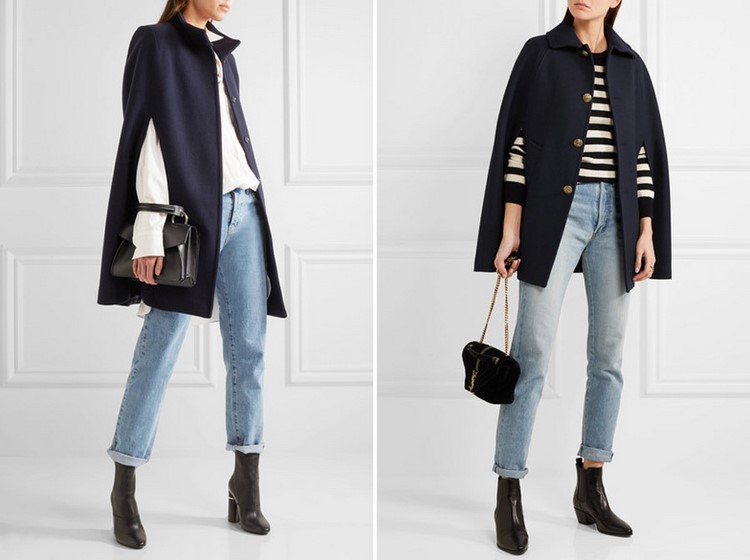 Cape kabát strednej dĺžky s členkovými topánkami a boyfriend džínsami