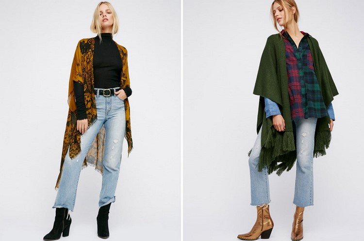 Kardigán Poncho otvorený retro rifliam a čižmám