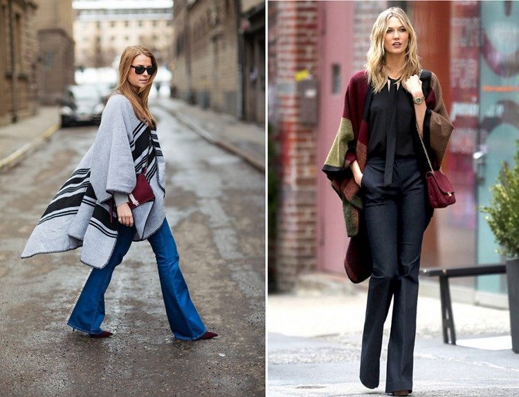 Hippie elegantné topánky na podpätkoch kombinujú pončo s rozšírenými džínsami