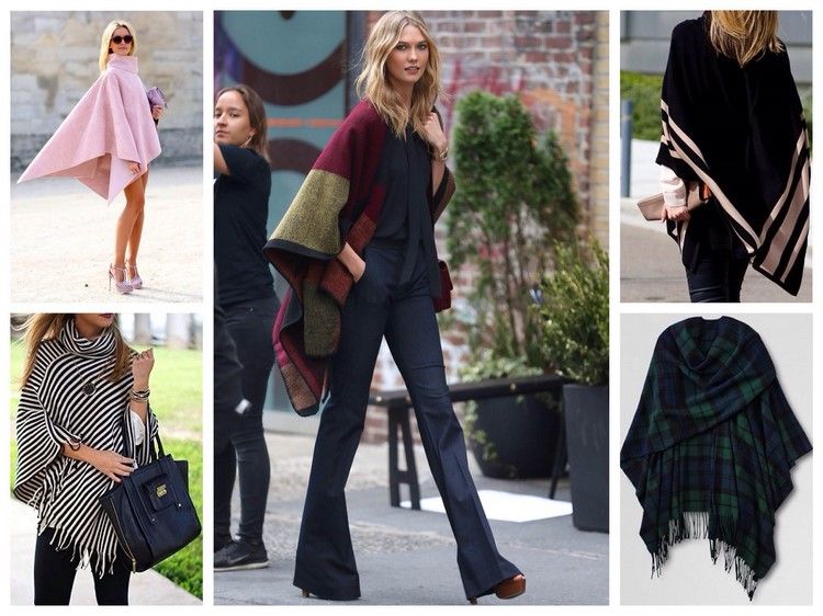 Pončo s rozšírenými nohavicami a vysokými podpätkami