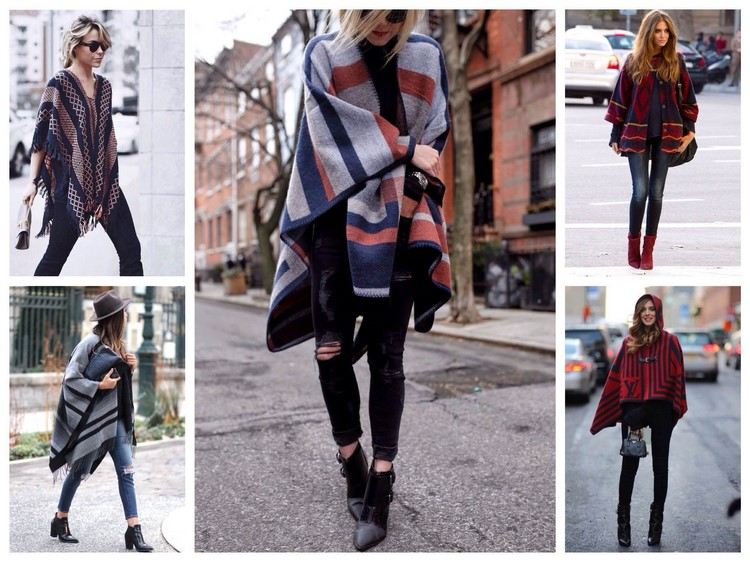 Poncho kombinuje džínsy členkovej obuvi Hebrst