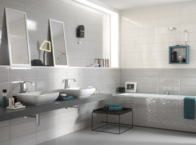 Kúpeľňové nápady na navrhovanie stien s dlaždicami a mozaikovými dlaždicami Zostava kúpeľňového nábytku-moderné-umývadlo-sivá-doska-keramická dlažba