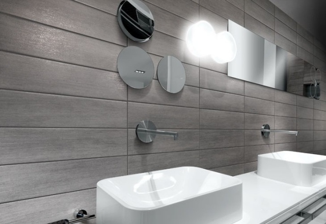 Porcelánové kameninové dlaždice v modernom vzhľade bielej keramickej umývadla na dosku Moderný-kúpeľňový-dizajn-obklady-imitovať-betón-grafitové farby