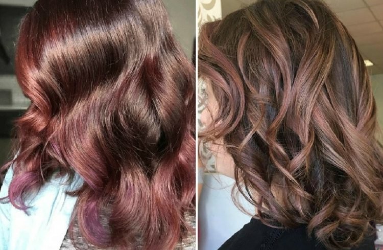 fialové čokoládovo červené trblietavé balayage vlasové trendy