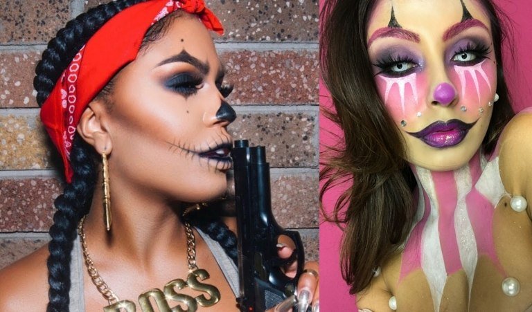 Strašidelný klaunský make -up s dámskym kostýmom s návodom na Halloween