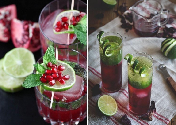 Plátky a šupky limetky a semená granátového jablka koktailové dekorácie-limetkovo-granátové jablko-jadrá-mäta