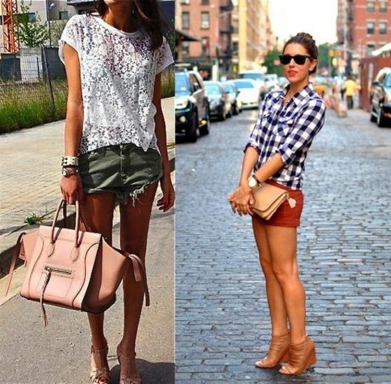 kockovaná blúzka z čipky Klinové sandále-ružová taška-cool-outfity