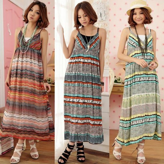 cool outfity s pestrými farebnými pruhmi Slamené klobúky-remienok-sandále-šaty-s-tenkými ramienkami