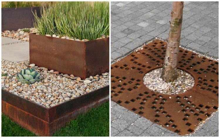 Vyvýšený záhon a rošt na strom z ocele Corten rohovinové-oceľové-záhradné-nápady-vyvýšené mriežky stromov