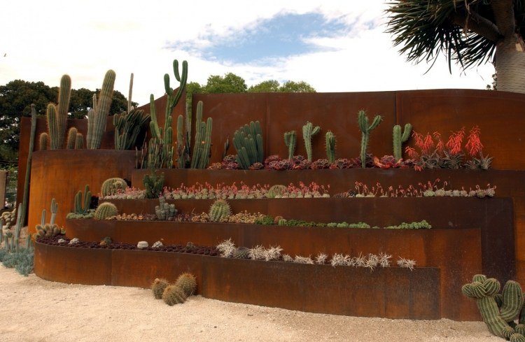 Kaktusové výsadby na rôznych úrovniach corten-steel-garden-nápady-podlaha-výsadba