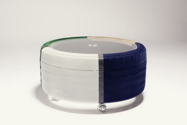 odkladací stolík pre auto pneu biela modrá zelená rolka