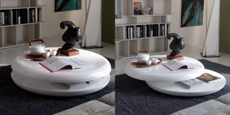 Konferenčný stolík-vysoký-lesk-biely-polohovateľné-odkladacie-oválne-okrúhle šálky