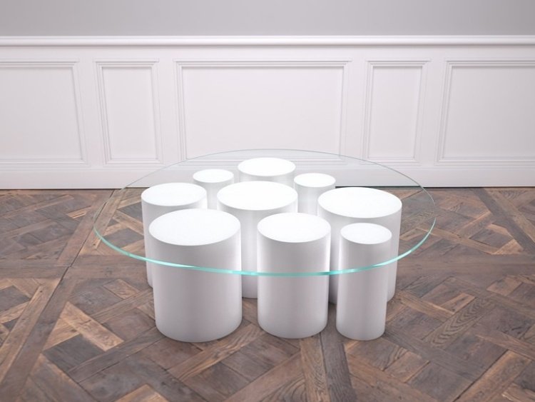 Konferenčný stolík Vidame s okrúhlou sklenenou doskou od Creation konferenčný stolík-biely-dizajn-nastaviteľný-kryštál-stôl-doska-okrúhly-VIDAME-TVORBA