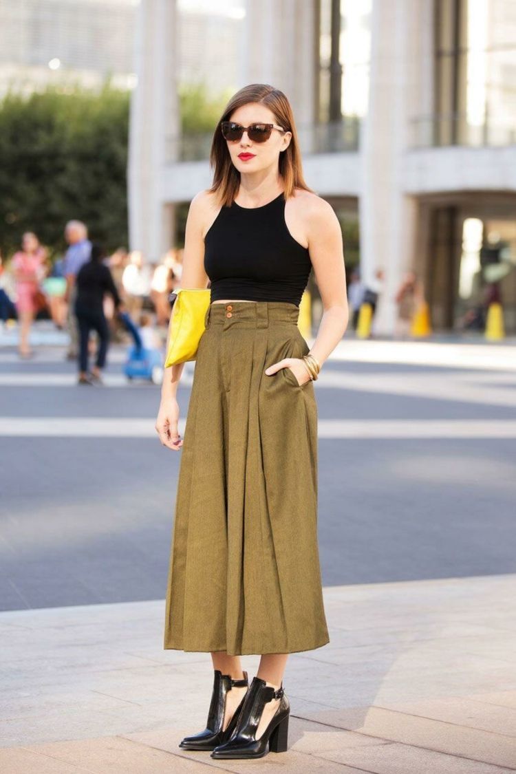 Culottes kombinovať khaki nohavice žltá kabelka módne trendy žien