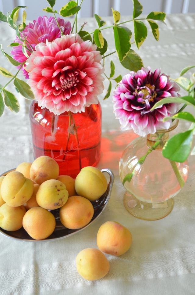 dahlias dekorácia kvety sklenené vázy stol