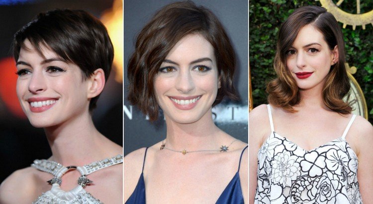 Anne Hathaway od strihu pixie, cez krátky bob až po stredne dlhé vlasy Dámske prechodné účesy pixie-cut-short-stredne-long-bob-strähnen-anne-hathaway