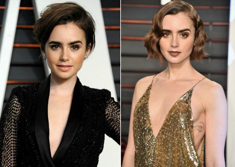 Stylingové nápady pre prechodný účes od Lily Collins dámy-prechodné účesy-krátky účes-rozstrapatené-krátke-bob-vlny-centrálne lúčenie-ľalie-collins