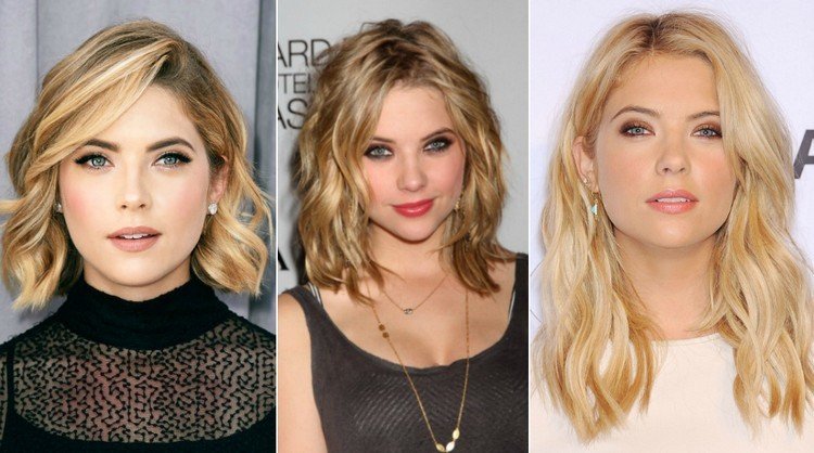 Dámske prechodné účesy s vrstveným strihom - Ashley Benson dámy-prechodné účesy-stredne dlhé-krok-strih-blond-vlasy-ashley-benson