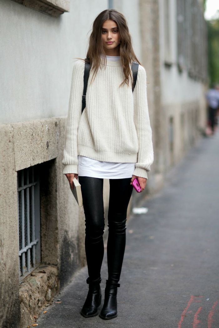 ležérny štýl na cestách s koženými nohavicami s-dlhým svetrom-dlhou blúzkou