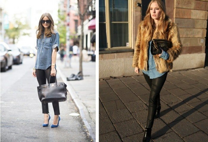 Džínsová košeľa alebo kožušinový kabát sa perfektne hodí k dámskym koženým nohaviciam Kožené nohavice s košieľkou Deim alebo s kožušinou