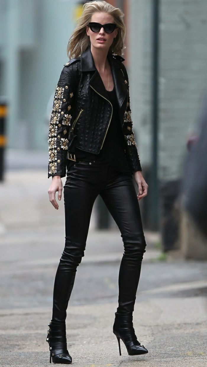 Bunda s prvkami čierne kožené nohavice Kožené nohavice na vysokom podpätku-kožená bunda-s vloženými prvkami